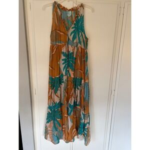 True Destinations Tropical Palm Tiered Maxi Dress XL Teal Rust Boho Sleeveless